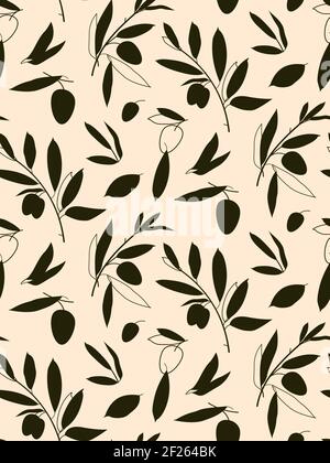 Motif vectoriel sans couture, silhouettes vert foncé de feuilles d'olive, branche. Arrière-plan jaune clair Illustration de Vecteur