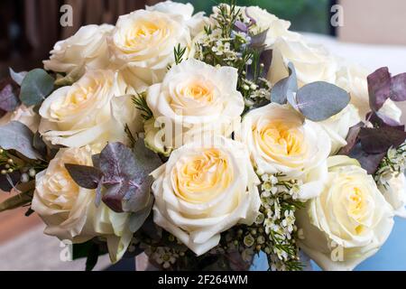 Bouquet de mariage de roses orange et blanches, de cire et d'eucalyptus. Arrière-plan Banque D'Images