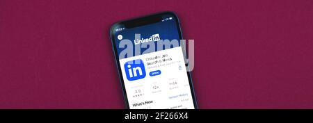 Kharkov, Ukraine - 9 mars 2021 : bannière d'application LinkedIn avec espace de copie, gros plan Banque D'Images