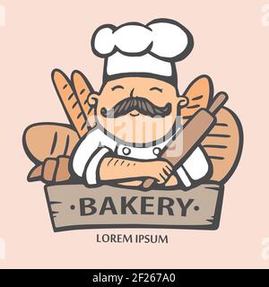 Logo de boulangerie. Illustration vectorielle dessinée à la main d'un chef-cuisinière avec une moustache et un pain. logo chef. Illustration de Vecteur