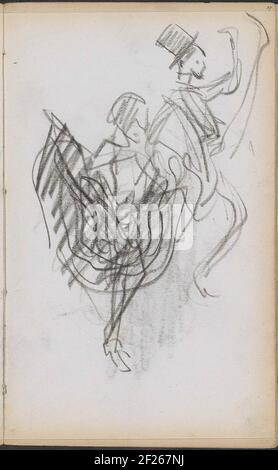 Dansende man en vrouw.l'homme et la femme lancent une jambe dans l'air. Ils dansent probablement le Cancan. Page 27 d'un carnet de croquis avec 35 feuilles. Banque D'Images