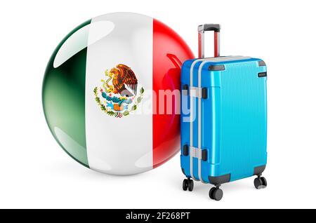 Valise avec drapeau mexicain. Mexico Travel concept, rendu 3D isolé sur fond blanc Banque D'Images