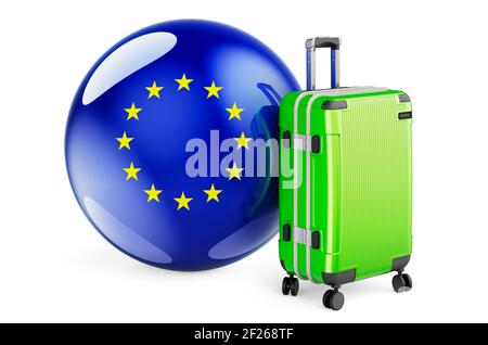 Valise avec drapeau de l'Union européenne. Le concept de voyage de l'UE, rendu 3D isolé sur fond blanc Banque D'Images