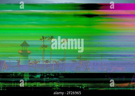 L'image numérique corrompue affiche une ligne horizontale, une image décolorée avec différentes couleurs. Banque D'Images