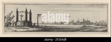 Landschap met galgen en gezicht op Kampen; Riviergezichten in Duitsland en de Lage Landen.dixième impression d'une série de douze paysages. Liens au premier plan deux goules et une roue sur un piquet. Lie deux hommes sous un arbre. Au milieu d'une rivière avec face sur une ville. Sur la droite, deux figures en randonnée sur une digue. Banque D'Images