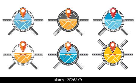 Géolocalisation GPS. Ensemble d'icônes de code PIN de carte routière. Placer le marqueur. Navigation en ligne. Pointeur d'emplacement du service de livraison. Vecteur de point de destination Illustration de Vecteur