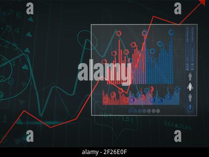Graphiques rouges sur interface numérique avec traitement des données par rapport au noir arrière-plan Banque D'Images