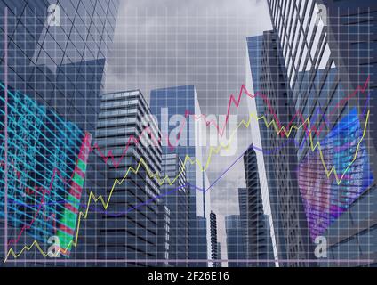 Plusieurs graphiques sur le traitement des données du marché boursier par rapport aux grands bâtiments Banque D'Images