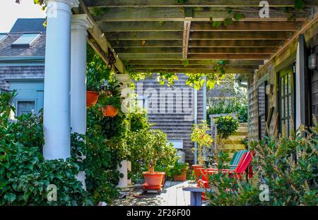 Maison en Clapboard avec porche ombragé avec pergola sur le toit avec raisin vignes et autres plantes poussant dans la profusion et adirondack coloré chaises Banque D'Images