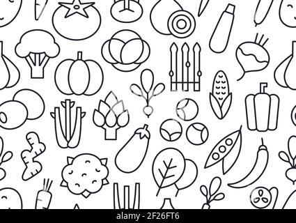 Motif vectoriel sans couture, texture sans fin avec légumes. Ensemble d'icônes linéaires isolées. Contour, forme, contour. Des aliments et des vitamines sains Illustration de Vecteur