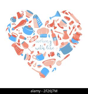 Cuisiner avec amour. Illustration vectorielle plate dessinée à la main des ustensiles de kitcen dans les couleurs rose et bleu. Forme de coeur. Jolie collection d'outils de cuisine pour femme Illustration de Vecteur