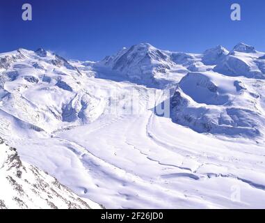 Le glacier Gorner (Gornergletscher) en hiver, Zermatt, Valais, Suisse Banque D'Images