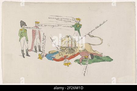 Spotprent op de oorlogsverklaring door Nederland aan België, 1831.Cartoon sur la déclaration de guerre des pays-Bas à la Belgique avec le rejet des XVIII articles le 28 juillet 1831. Les rois français, britanniques et belges tentent de chaîner le lion hollandais en vain. Les empereurs de Russie et d'Autriche et le roi de Prusse sont prêts. Banque D'Images