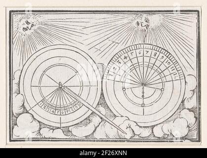 Ombre sur un cadran solaire pour Hizkia.god donne au roi Hizkia un signe qu'il a entendu sa prière de vivre plus longtemps, il laisse l'ombre sur le cadran solaire dix degrés. Deux cadrans solaires sont illustrés côte à côte avec deux positions différentes du soleil. À droite, il est possible que le visage pleurant du roi soit au soleil et gauche le regard du prophète Ésaïe. Dans la marge au-dessus de l'image, le texte isaiae xxxviii [Isaiah 38]. Banque D'Images