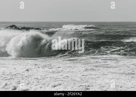 Une photo en niveaux de gris de grandes vagues qui se brisent sur la mer - parfait pour l'arrière-plan Banque D'Images