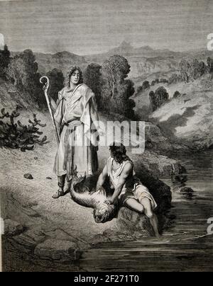 Histoire de la Bible Illustration de Tobias et de l'Ange - le Angel Raphael en déguisement dire à Tobias ce qu'il faut faire avec Le poisson qu'il a attrapé en essayant de manger Tobit 6:4 Banque D'Images