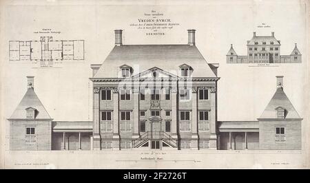 Maison Vredenburch dans le Beemster; Vreden-Burch pour Aenien (...). Design pour et vue de face ou Buitenplaats Vredenburgh dans le Beemster. En haut à gauche, un plan d'étage de l'étage principal. En haut à droite, la vue arrière de la maison de campagne. Banque D'Images