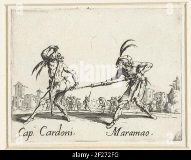 Twee straatartiesten als Capitano Cardoni en Maramao; Balli di Sfessania; Dansen van Sfessania.deux artistes avec coiffures à plumes debout côte à côte. La seringue a l'autre avec une grande eau pulvérisée sur les fesses. Les figures sont notées leurs noms. Cette impression fait partie d'une série de 23 impressions (24 incl Titre Imprimer) avec deux artistes de rue en premier plan chaque fois des figures de la Commedia dell'Arte italienne, et en arrière-plan des spectateurs qui sont en plein air une représentation (danse) des artistes de rue Gadeslaan. Banque D'Images