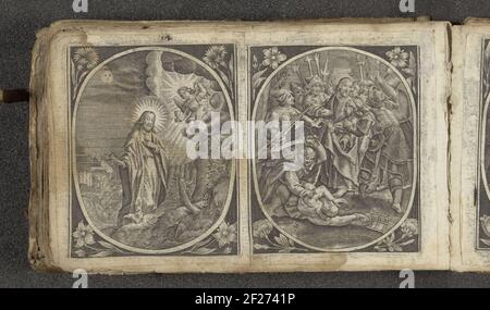 Judaskus en arrestatie van Christus; Passie van Christus.Judas côte Christ sur la joue. Les soldats l'entourent et l'arrêtent. Petrus est sur le point de hacher l'oreille de Malchus. Ovale à l'intérieur d'un cadre rectangulaire, une fleur à chaque coin. L'impression fait partie d'un album. Banque D'Images