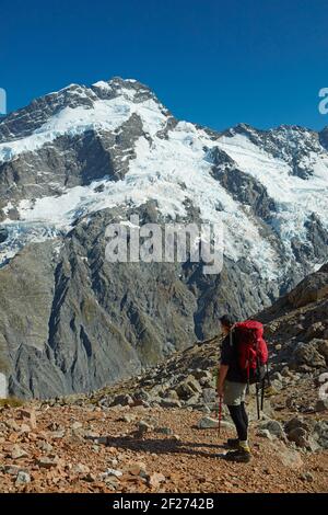 Randonnée sur Sealy Range, près de Mueller Hut, vue sur le Mont Sefton, Aoraki / Parc national du Mont Cook, South Island, New Zealand MR Banque D'Images