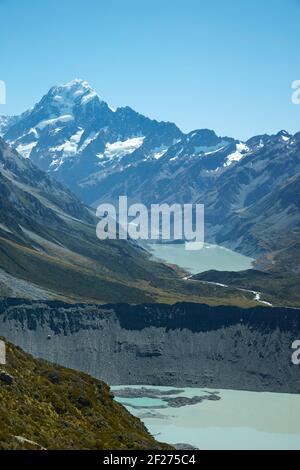 Aoraki / Mt Cook, Hooker Valley, et Mueller Lake, Aoraki / Parc national de Mount Cook, Île du Sud, Nouvelle-Zélande Banque D'Images