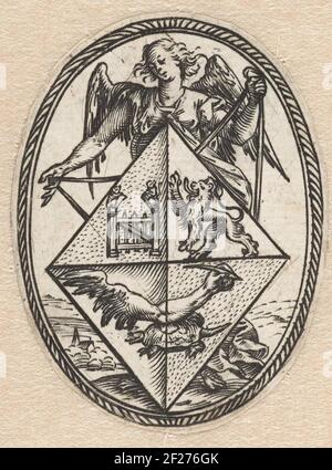 Armoiries, tenues par un ange.Famila swap (en haut à gauche une clôture, en haut à droite un lion, sous un bras ailé, soutenant une tortue) tenue par un ange, dans ovale. Appartient à un portrait d'un homme barbu. Banque D'Images