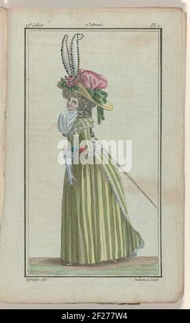 New French and English News modes Store, n° 29, 30 août 1787, PL. 1.Femme à gauche, vêtue d'un demi-Rescueote rayé. Damn. Dolling Grand chapeau avec plumes et noeud. Banque D'Images