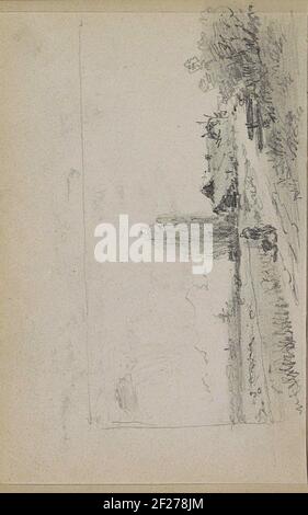 Landschap a rencontré een boerderij.Landscape avec une ferme. Une figure sur une trajectoire à l'avant. Un moulin à vent dans la distance. Feuille 15 Verso d'un carnet d'esquisses de 58 feuilles. Banque D'Images