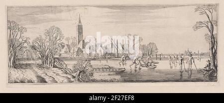 Vue de Spaarnwoude avec patineurs; paysages de format oblong.figures sur LA GLACE à Spaarnwoude, vu du Nord-est. Sur la droite dans l'arrière-plan Haarlem avec le Sint-Bavokerk. Imprimer à partir d'une série ou de huit. Banque D'Images