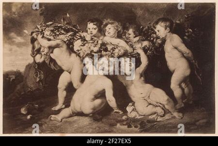 Production photo (vraisemblablement) d'une impression sur une peinture de Peter Paul Rubens, représentant Putti avec fruit.part ou Voyage album avec des photos de sites en Allemagne et en Autriche et ou des œuvres d'art. Banque D'Images