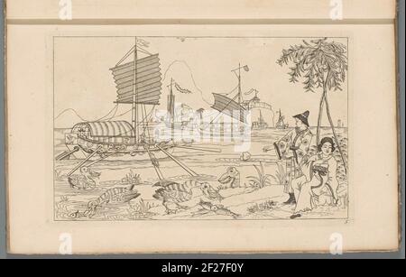 Bateaux chinois à voile dans une baie et de la vision des oiseaux aquatiques; des scènes de yacht chinois; Nouveau sinesen converti, avec grand Moeyte conçu et donné en lui, par P: Schenk Jun (...), troisième partie. Paysage avec un bateau à voile avec OAR sur l'eau. Dans la vision de l'avant-plan oiseaux d'eau. Deux figures droites sous un arbre de paume. L'impression fait partie d'un album. Banque D'Images