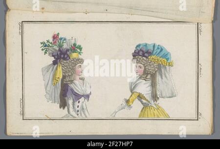 Nouvelles nouvelles Français et Anglais, 10 septembre 1787, 30e carnet, 2e année, pl. 2.deux bustles femmes. À GAUCHE : Cape avec bande jaune décorée d'un noeud violet et de fleurs. A droite : toque de crêpe bleue décoré de guirlande jaune. L'imprimé fait partie de la 30e Notebook, 2e année, du nouveau magasin de nouveaux modes français et anglais. La série se compose de 172 Fashion Prints, publié par Buisson, Paris, 20 novembre 1786 - 21 décembre 1789. Banque D'Images