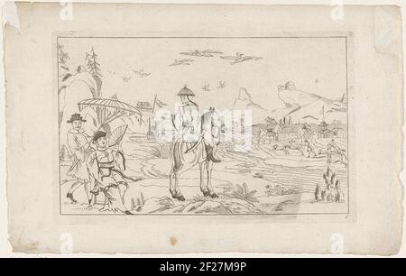 Rider et scène de chasse dans un paysage chinois; scènes de yacht chinois; New conseillé Sineesen avec grand Moeyte signé et donné en lui, par P. Schenk Jun (...), troisième partie.paysage avec un cavalier et un figuren avec un rotor sous un parasol. Le paysage passe une rivière avec une partie de chasse par le côté opposé. Banque D'Images