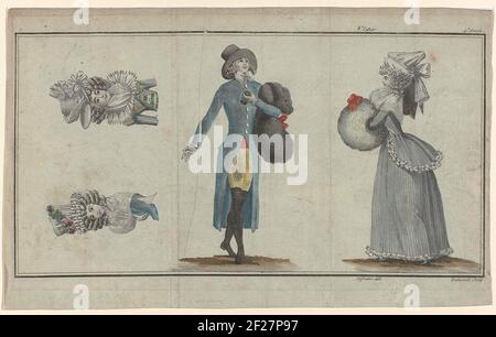 Magasin des modes nouvelles Françaises et Anglais, 11 février 1789, PL. 1,2 et 3.de gauche à droite. Deux bustes pour femmes : chapeau décoré d'une guirlande de roses et « pierrot » à col jaune, orné de soie bleue. 'FRAISE' avec zoom dentelé. Jeune homme de « Négligé » : un gilet bleu et un pantalon de genou jaune. Mull sous le bras. Jumelles dans la main gauche. Femme vêtue d'un pierrot et jupe en satin à rayures grises. MOF de fourrure avec un noeud rouge. L'imprimé fait partie du 8e Cahier, 4e Année, de la série Magasin des modes nouvelles Françaises et anglophones. La série consiste Banque D'Images
