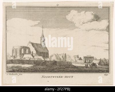 Vue de Noordwijkerhout, 1631; bois de Noortwyker 1631.Gospice sur Noordwijkerhout avec des liens l'église blanche partiellement détruite dans la situation autour de 1631. Sur la droite une voiture et deux chiffres. Banque D'Images