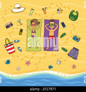 Illustration vectorielle de dessin animé du dessus d'un couple allongé sur leurs serviettes sur le sable doré bains de soleil sur un tropical plage au bord de l'eau Illustration de Vecteur