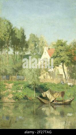 Aan de Oise. Sur l'Oise. Vue sur une maison avec jardin entre arbres sur la rive de l'Oise. Sur la rive un bateau est sous un abri de chiffons. Sur la rive un enfant avec une chèvre. Banque D'Images