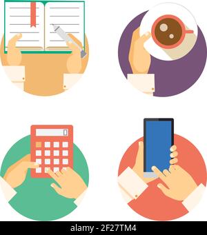 Ensemble d'icônes de mains d'affaires montrant des actions, y compris la rédaction un journal portant la comptabilité du café sur une calculatrice et l'envoi de sms ou navigation sur les Illustration de Vecteur