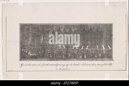 Gezicht van de Geeste verschijning op de Oude Schants den 8 en 9 Oct.r 1833 te Amsterdam.apparition de spiritueux aux Oudeschants à Amsterdam, dans la soirée des 8 et 9 octobre 1833. Les ombres blanches fantomatiques des femmes en robes longues se déplacent le long du quai. Au premier plan et sur le pont, les spectateurs se sont rassemblés. Les « fantômes » ont été produits par tous les élèves en utilisant des images de lanternes magiques. Banque D'Images