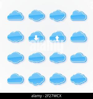 Ensemble de seize icônes de nuages bleus de différentes formes représentant le temps avec deux flèches montrant vers le haut et vers le bas transmission des données en c Illustration de Vecteur
