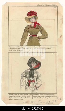 La sélection mensuelle de costumes parisiens de Townsend, 1824, n° 6 en n° 7 : chapeau de seau (...).deux femmes, moitié, numérotées, 6 et 7, l'une sur l'autre. Légende en français et en anglais. No 6: Chapeau ou "Leghorn Bonnet" de 'paille d'Italie', décoré de tulle et de pointes. « Chemisier » ou « Robe Wagoner » de Batist, brodée de soie et décorée de « REMPLIS ». Courroie. No 7: Chapeau à baldaquin ou 'LuteSring Bonnet' par 'gros de Naples', recouvert de côté. Jap Batist en coton (percale) décoré de pointes brodées. Ceinture en cuir. Boucles et boutons en acier. Imprimez à partir du mode mag Banque D'Images