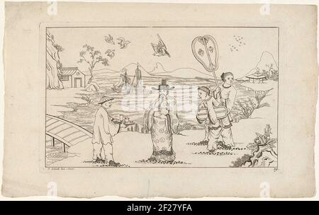 Le Chinois reçoit le thé d'un serviteur dans un paysage; New conseillé Sinesen avec grand Moeyte signé et donné en lui, par P. Schenk Jun (...), deuxième partie. Paysage avec un gentleman chinois offert d'un serviteur thé sur un plateau derrière les deux femmes chaudes, l'une avec un parasol. En arrière-plan deux navires de voile sur l'eau. Banque D'Images