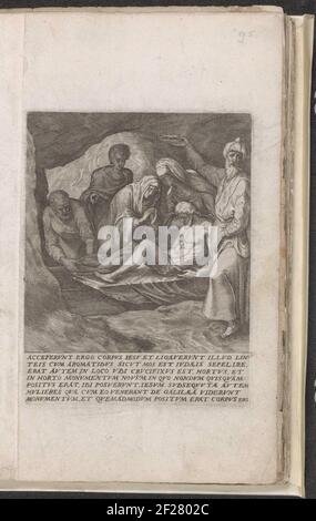 Graflegging; Passie van Christus; Mnimata Dominicae Passionis Historiam Necisque Nostrae mortem Complexa.Christ est posé par Josef van Arimatea, Johannes, Nikodemus et la Maria's dans le Rocher. L'un des hommes montre la couronne d'épines. Sous la, afficher un texte de sept lignes en latin. Cette impression fait partie d'un album. Banque D'Images