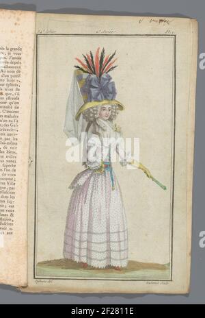 Actualités magasin de nouvelles en français et en anglais, 20 octobre 1787, 34e cahier, 2e année, pl. 1.Femme debout vêtue d'un Pierrot avec un motif à pois Polka et UN corsage 'de Patte' de blanc (?) Soie. Jupe à pois. Autour du cou a fait. Accessoires: 'chapeau à theodore', gants longs jaunes, aide, Chatelaine. L'imprimé fait partie de la 34e Cahier, 2e année, du nouveau magasin de nouveaux modes français et anglais. La série se compose de 172 Fashion Prints, publié par Buisson, Paris, 20 novembre 1786 - 21 décembre 1789. Banque D'Images