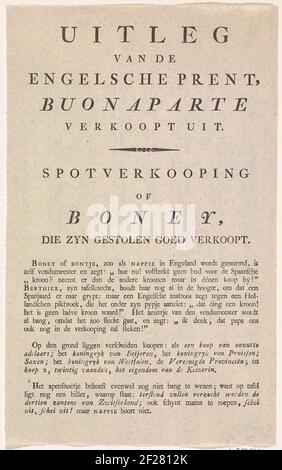 Déclaration de la caricature de Napoléon vendant bien volé, 1813; explication de l'imprimé anglais, Buonaparte vend complet. Des ventes étincelantes ou boney, qui vend son bien volé. Déclaration imprimée de la caricature avec Napoléon en tant qu'encanteur vendant les couronnes volées des pays européens, 1813. Banque D'Images