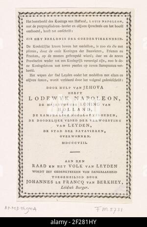 Déclaration à l'imprimé avec le buste du roi Louis Napoléon, 1808.Tekstbt à l'imprimé avec le médaillon avec le buste du roi Louis Napoléon, 1808. Suite à la bénéficialité démontrée par le roi à la catastrophe de la poudre à canon à Leiden le 12 janvier 1807. Feuille avec explication de la représentation et de la traduction des inscriptions latines, en néerlandais. Banque D'Images