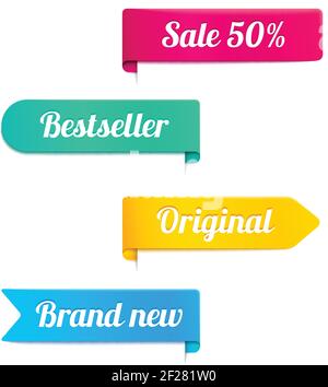 Quatre rubans ou bannières vectoriels colorés pour un magasin de détail en magenta jaune cyan et bleu avec le texte - Solde 50 % - BEST-seller - Original - Illustration de Vecteur