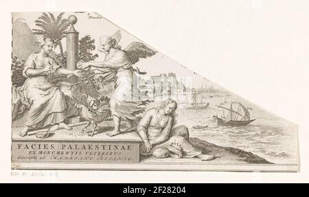 Allegorische voorstelling met vrouw met meetinstrumenten en engel; faciès Palaestinae ex Monumens veteribus description ab Hadriano Relando.UNE femme avec le casseur et les ailes sont sur la tête à côté d'un globe. Il y a un état de mesure et une boussole à ses pieds. Un ange avec une branche et un livre roule à la main ses pièces de monnaie. Il y a un coq et un chien entre les deux figures. À droite de l'augmentation est un trouble figure comme une personnification du Royaume de Judée rapports, avec elle est une turban et couronne. En arrière-plan un visage sur la ville de Jaffa par la mer sur laquelle naviguent les bateaux à voile. T Banque D'Images