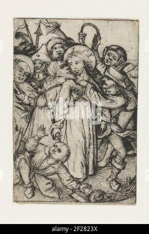 De gevangenneming van Christus.Christ est embrassé par Judas et en même temps emprisonné. Dans sa main droite, oreille de Malchus. Banque D'Images