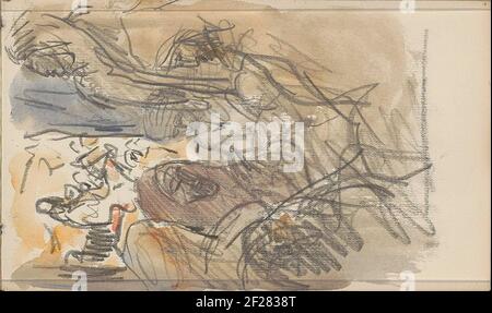 Algerijnse mannen in een kring.les figures portent le costume traditionnel nord-africain. Ils peuvent faire partie d'une communauté bédouine. Page 13 d'un carnet de croquis avec 31 feuilles. Banque D'Images